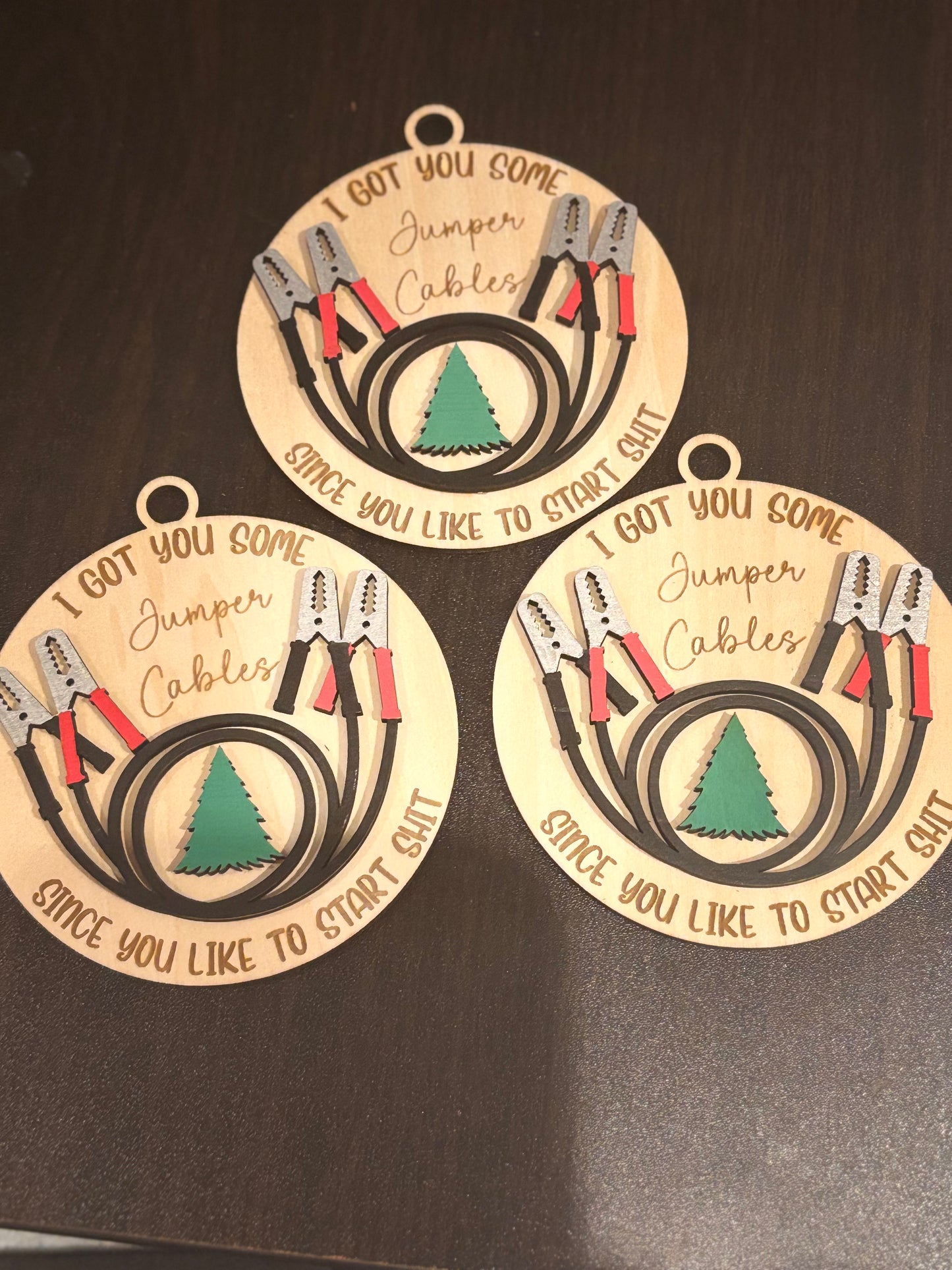 “Jumper Cables” Funny Christmas Ornament — Hand-Painted Wood