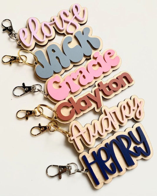 Layered Script Name Keychain – Wood & Acrylic Personalized Tag