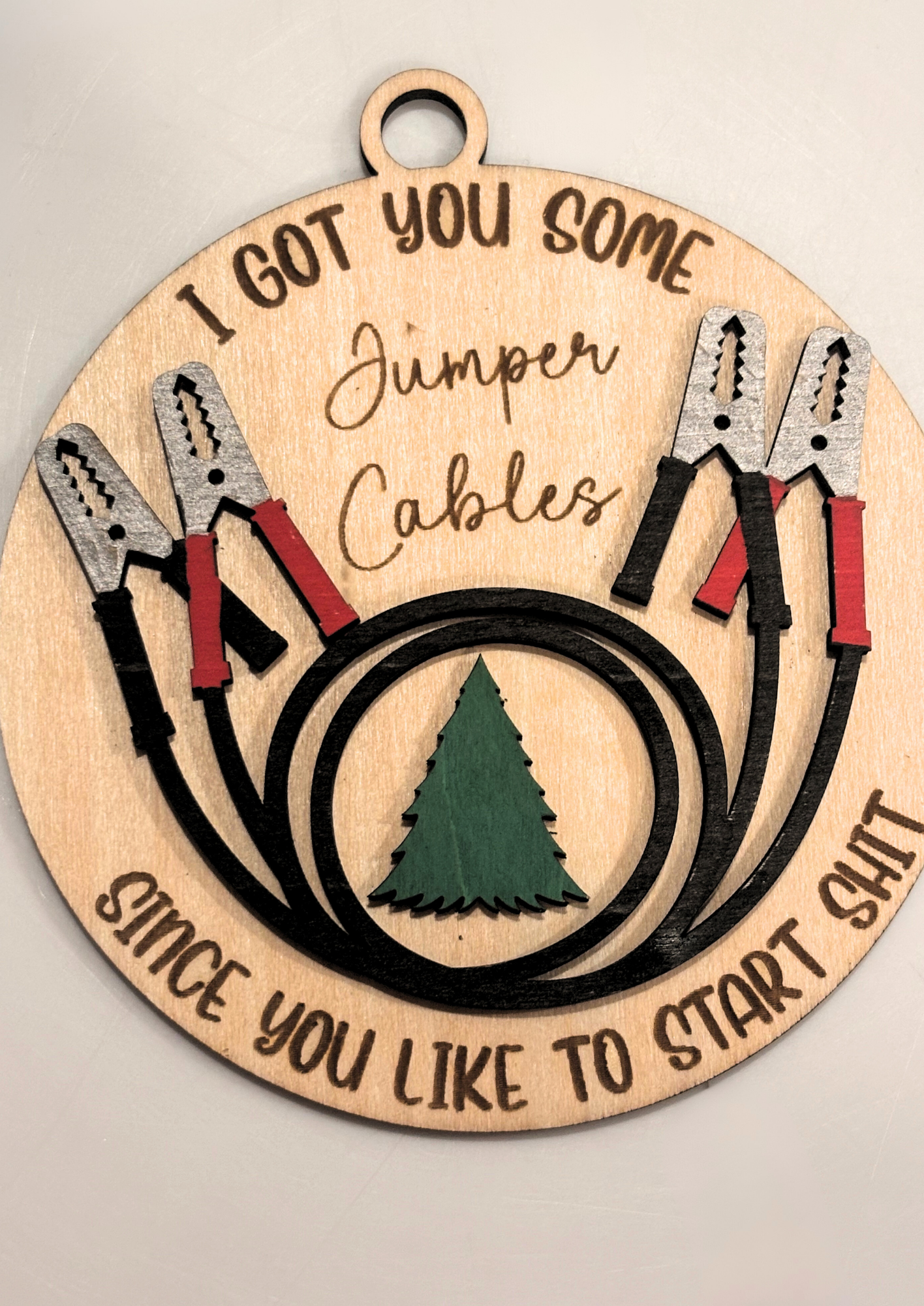 “Jumper Cables” Funny Christmas Ornament — Hand-Painted Wood