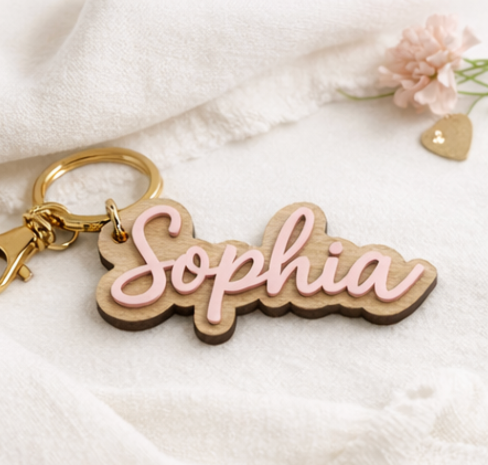 Layered Script Name Keychain – Wood & Acrylic Personalized Tag